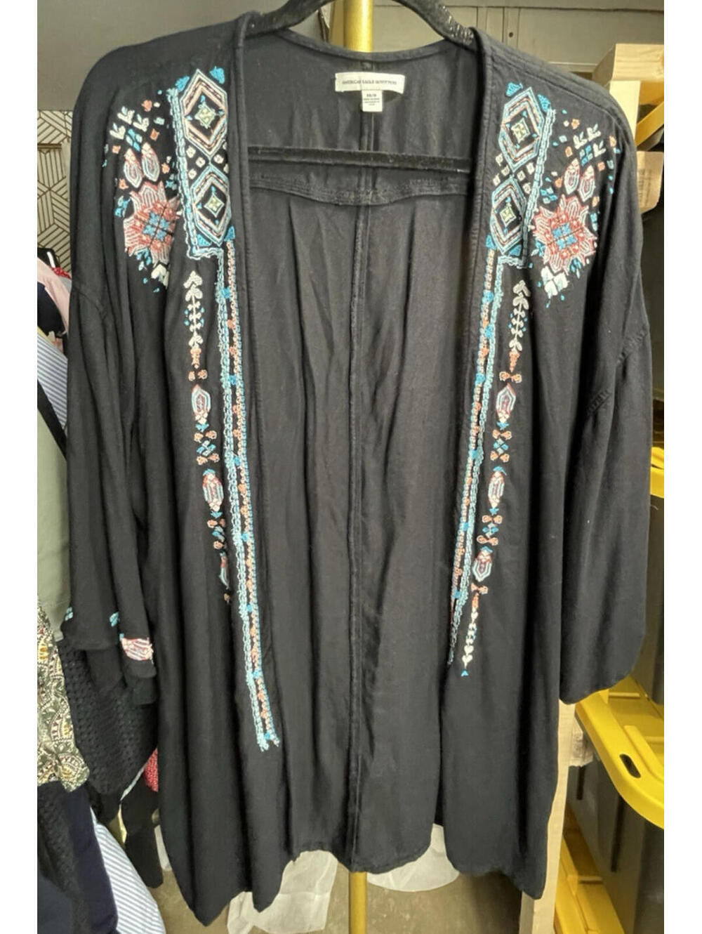 American Eagle Boho Open Kimono Cardigan Black Aztec Embroidered Size XS/S